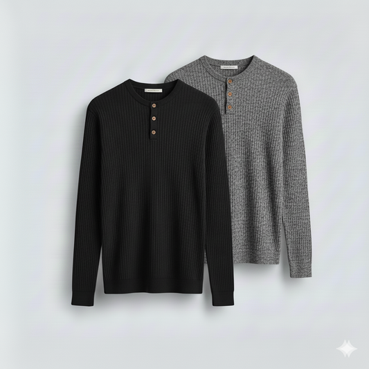 2 Pieces Waffle Knit Henley Pack (Black & Gray)