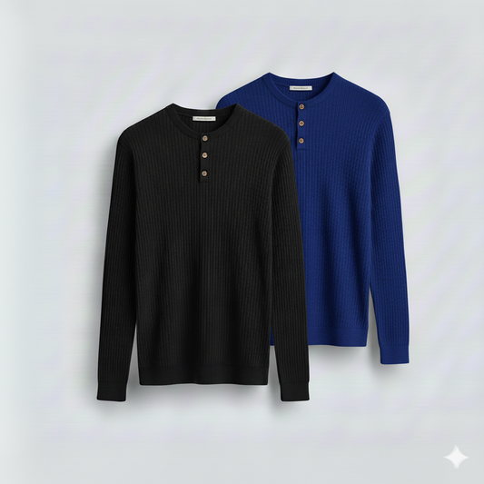 2 Pieces Waffle Knit Henley Pack (Black & Royal Blue)