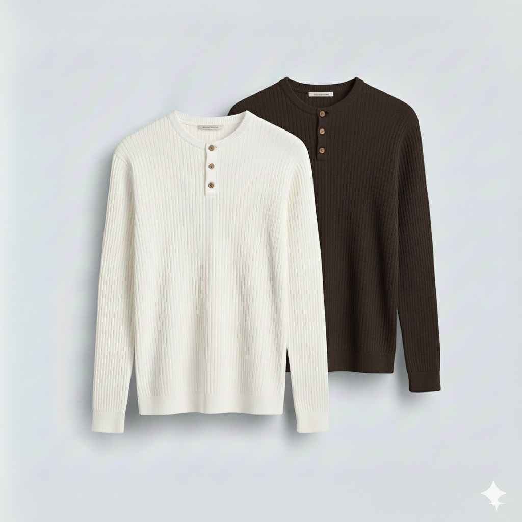 2 Pieces Waffle Knit Henley Pack (White & Dark Brown)