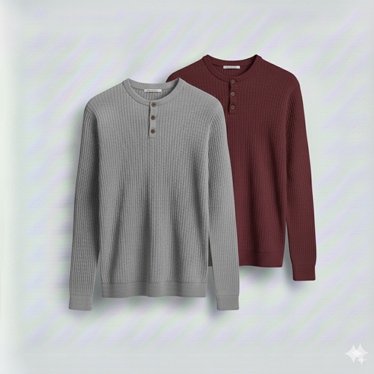 2 Pieces Waffle Knit Henley Pack (Gray & Maroon)
