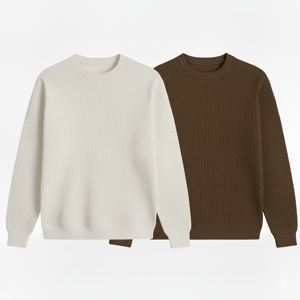 2 Pieces Waffle Knit SweatShirt ( WHITE & BROWN )