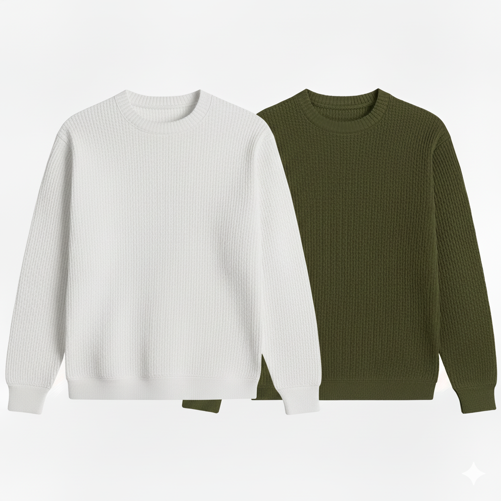2 Pieces Waffle Knit SweatShirt ( WHITE & OLIVE GREEN )