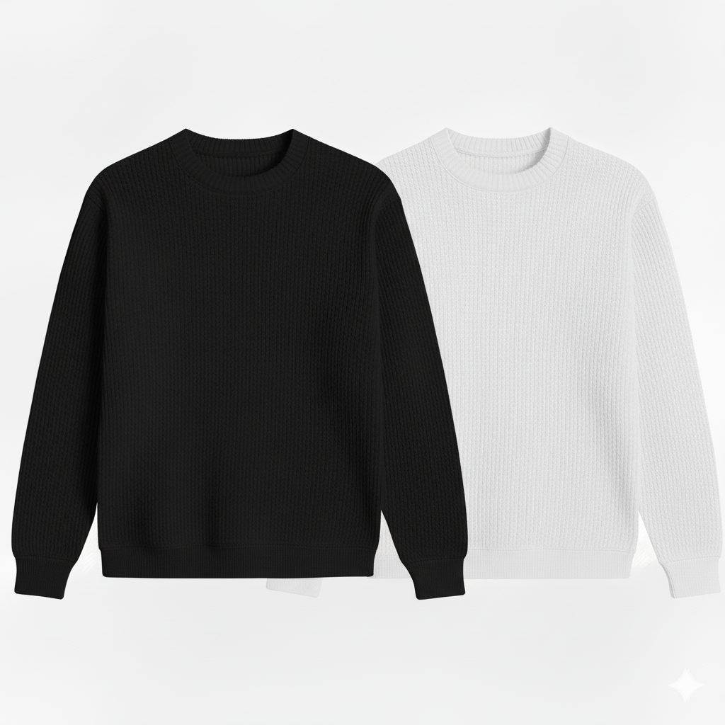 2 Pieces Waffle Knit SweatShirt ( BLACK & WHITE )