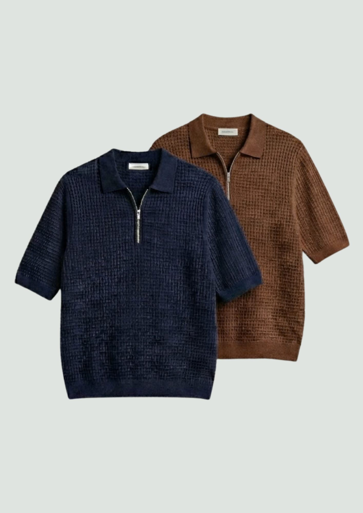 Pack of 2 – Waffle Knit Zipper Polo - (Navy Blue – Brown)