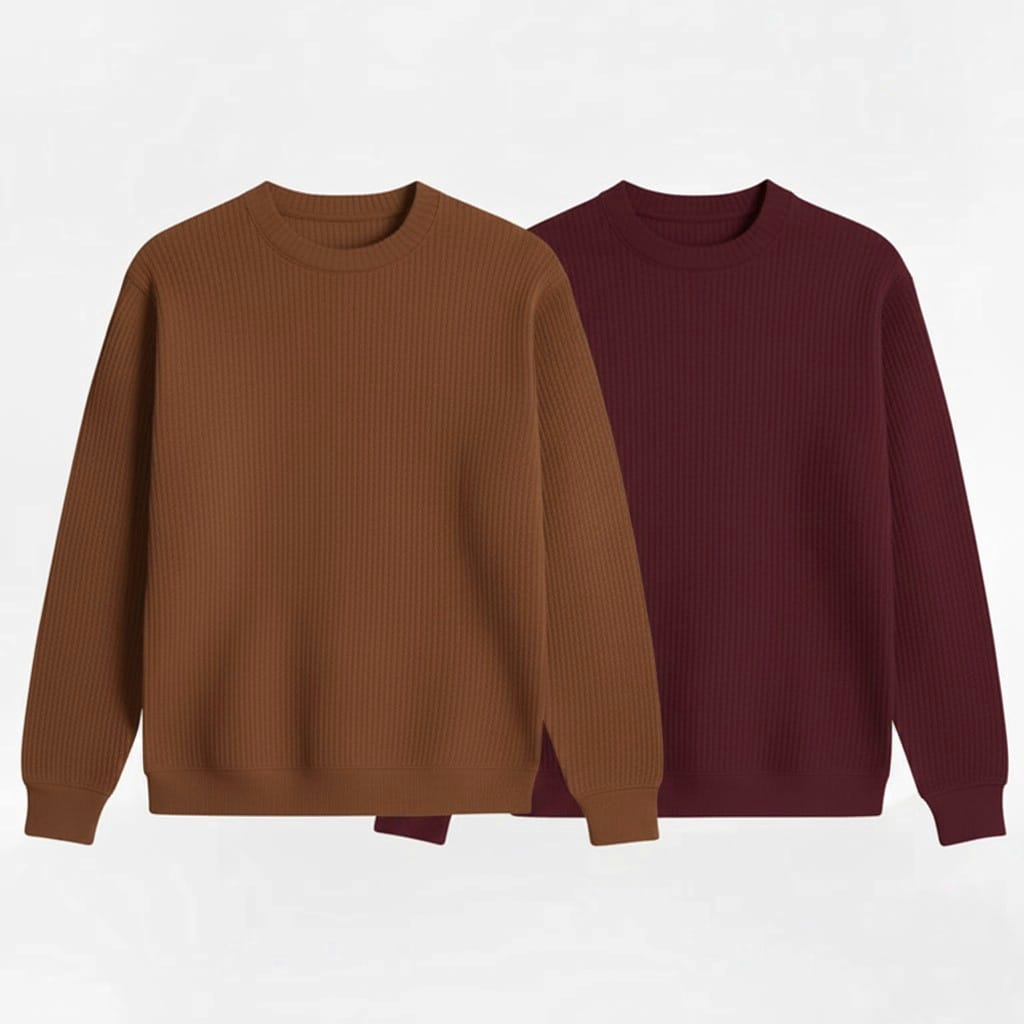 2 Pieces Waffle Knit SweatShirt ( BROWN & MAROON )