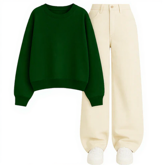 Beige Wide Leg Jeans With Sweatshirt